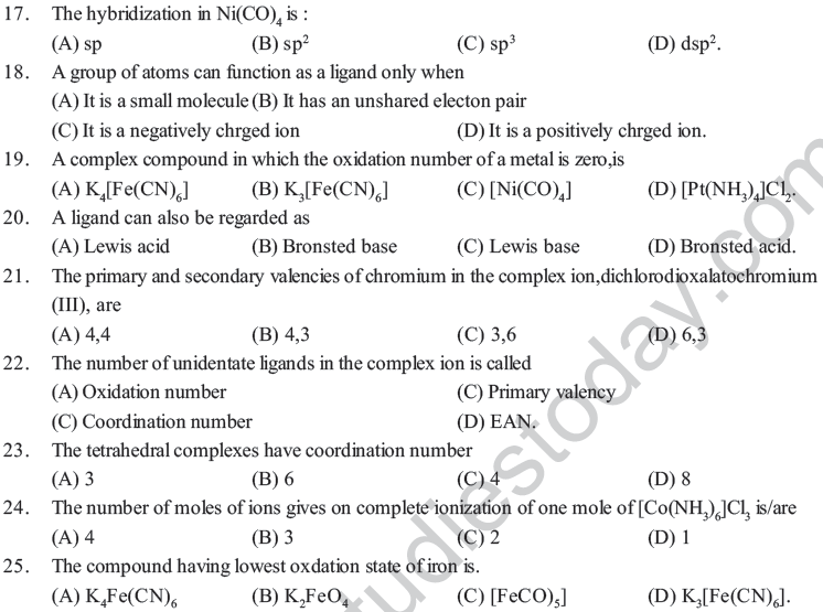 NEET UG Chemistry Coordination Compounds MCQs, Multiple Choice Questions